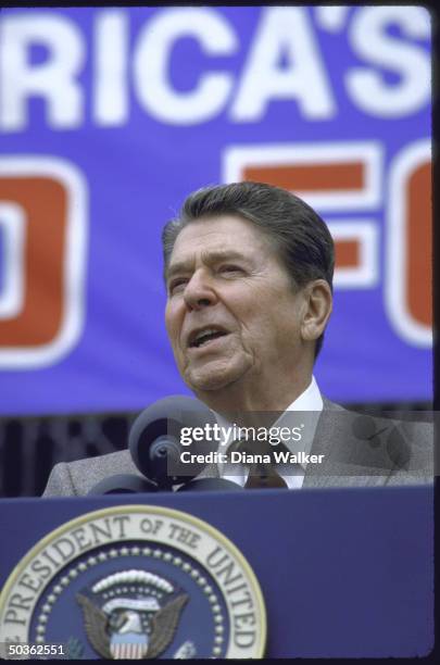 President Reagan campaigning for his tax reform plan at Bloom High School.