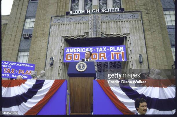 President Reagan campaigning for his tax reform plan at Bloom High School.