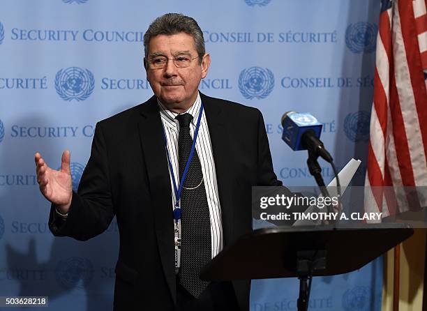 Uruguay's ambassador to the UN Elbio Rosselli, speaks to the press at UN headquarters in New York January 6 before a Securty Council meeting about...