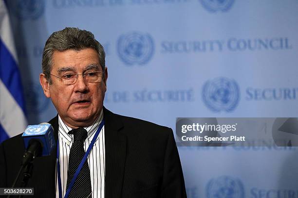 Security Council President Elbio Rosselli makes comments to the media on the situation in North Korea following a Security Council closed-door...