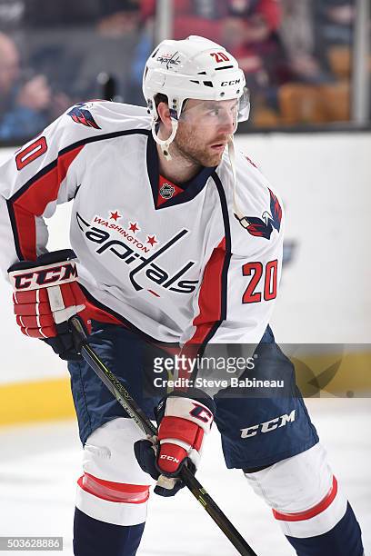 Ryan Stanton of the Washington Capitals skates during warm ups before the game against the Boston Bruins at the TD Garden on January 5, 2016 in...