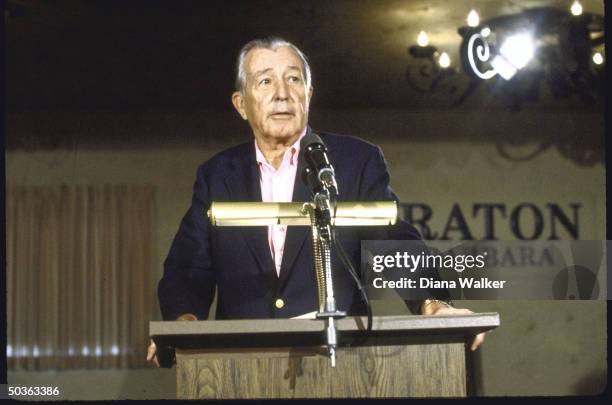 White House Cheif of Staff Don Reagan talking to press re. Trade with Japan, missiles, USSR at Sheraton in Santa Barbara.