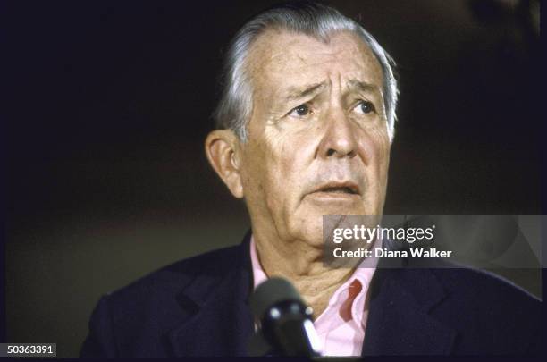 White House Cheif of Staff Don Reagan talking to press re. Trade with Japan, missiles, USSR at Sheraton in Santa Barbara.