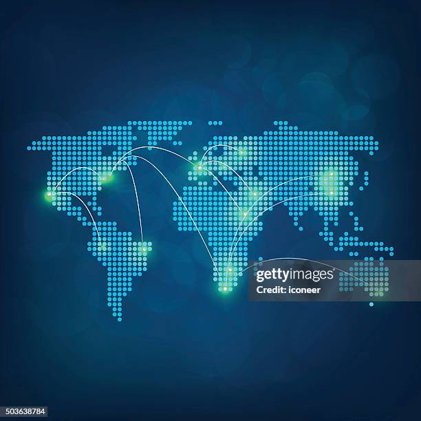 stockillustraties, clipart, cartoons en iconen met dotted world map with yellow lights connected on dark background - photopollution