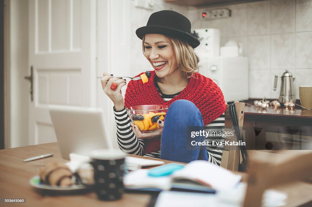 Having breakfast at home