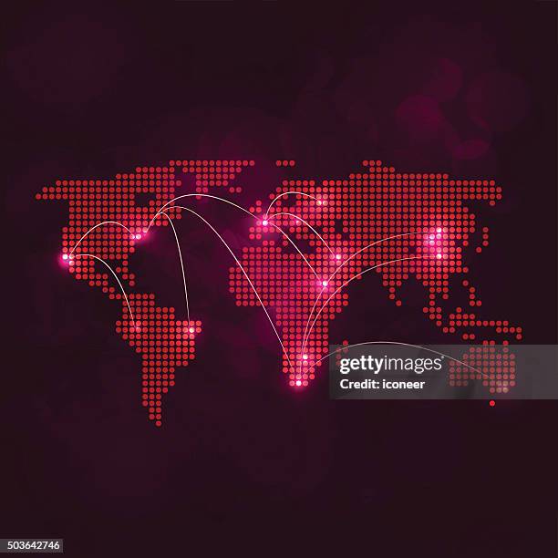 dotted world map with yellow lights connected on dark background - photopollution stock illustrations