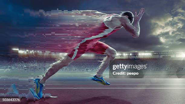 abstract corredor de alta velocidad en pista de carreras de inicio en movimiento - línea de salida fotografías e imágenes de stock