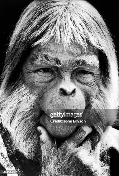 Actor Maurice Evans in special foam-rubber make-up for his role as the simian heavy in the motion picture Planet of the Apes.