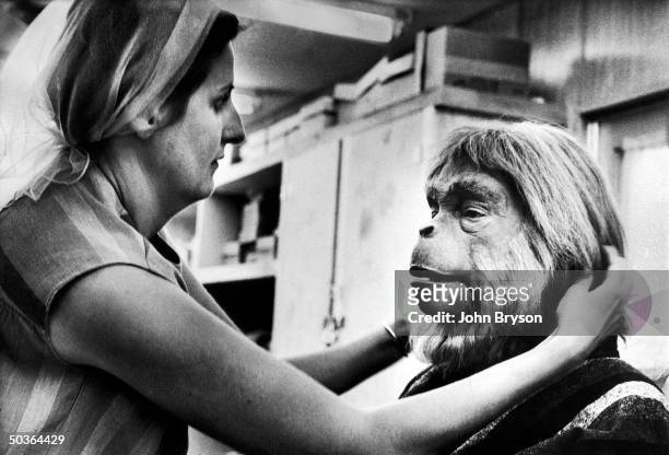 Actor Maurice Evans being made up for his role as the simian heavy in the motion picture Planet of the Apes.