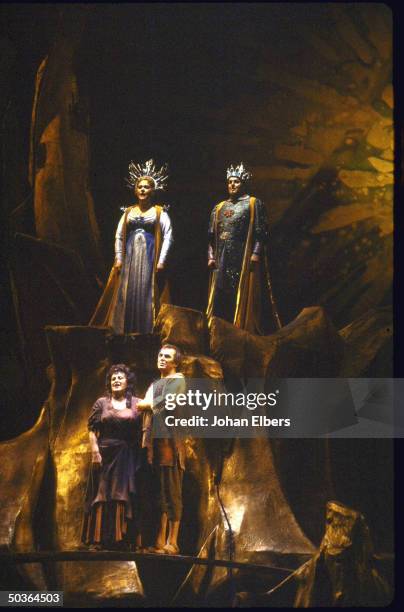 Soprano Birgit Nilsson as the Dyer's wife, w. Other unident. Singers in a scene fr. Richard Strauss' Die Frau ohne Schatten on stage at the...