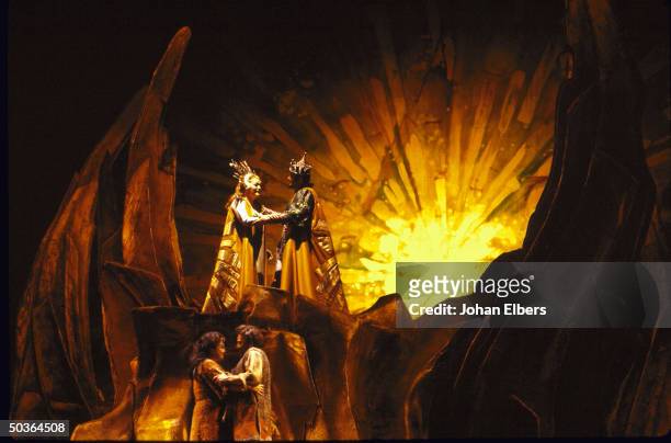 Soprano Birgit Nilsson as the Dyer's wife, w. 3 other unident. Singers in a scene fr. Richard Strauss' Die Frau ohne Schatten on stage at the...