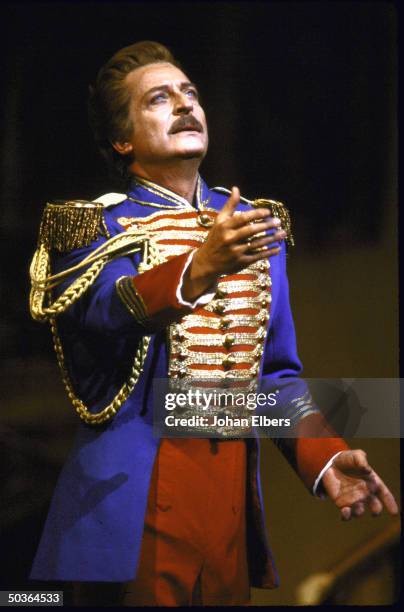 Tenor Alfredo Kraus singing the leading role in Donizetti's La Fille du Regiment on stage at the Metropolitan Opera.