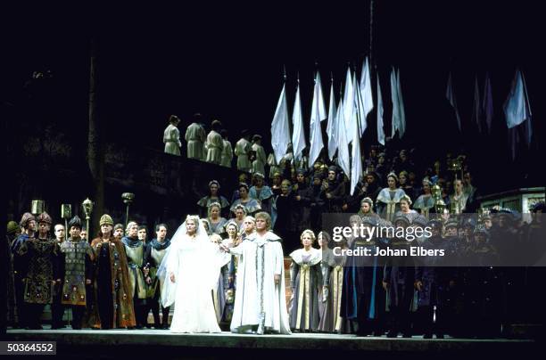 Tenor Peter Hoffman in the title role w. Unident singer as Elisabeth in a scene fr. Wagner's Lohengrin on stage at the Metropolitan Opera.