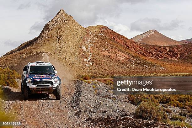 Nasser Al-Attiyah of Qatar and Matthieu Baumel of France in the MINI ALL4 RACING for AXION X-RAID TEAM compete on day 4 in the San Salvador de Jujuy...