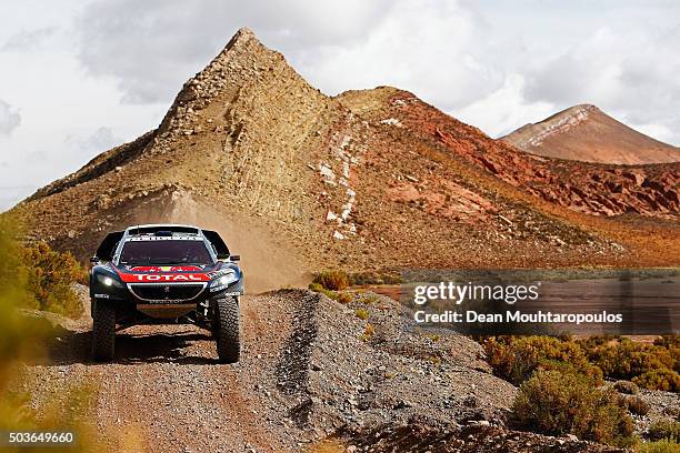 Carlos Sainz of Spain and Lucas Cruz of Spain in the PEUGEOT 2008 DKR for TEAM PEUGEOT TOTAL compete on day 4 in the San Salvador de Jujuy stage four...