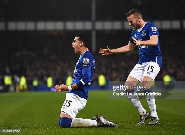 Ramiro Funes Mori of Everton celebrates scoring the opening goal with Tom Cleverley of Everton during the Capital One Cup Semi Final First Leg match...