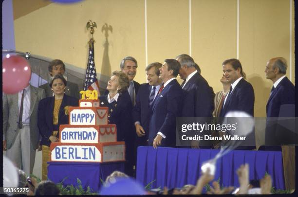 Pres. Ronald Reagan and wife Nancy celebrating 750th birthday of Berlin with West German Chancellor Helmut Kohl and US Amb. Richard R. Burt .