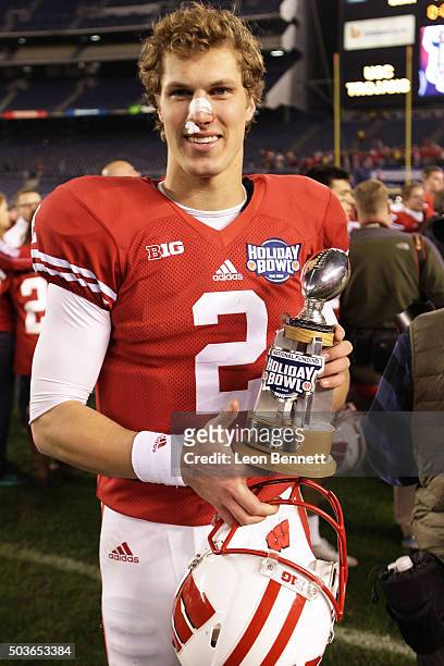 Joel Stave of the Wisconsin Badgers and Offensive MVP against the USC Trojans during the National University Holiday Bowl at Qualcomm Stadium on...