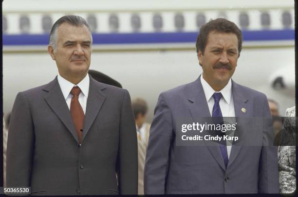 Guatemalan Pres.Vinicio Cerezo Arevalo with Mexican Pres. Miguel de la Madrid, at arrival ceremony.