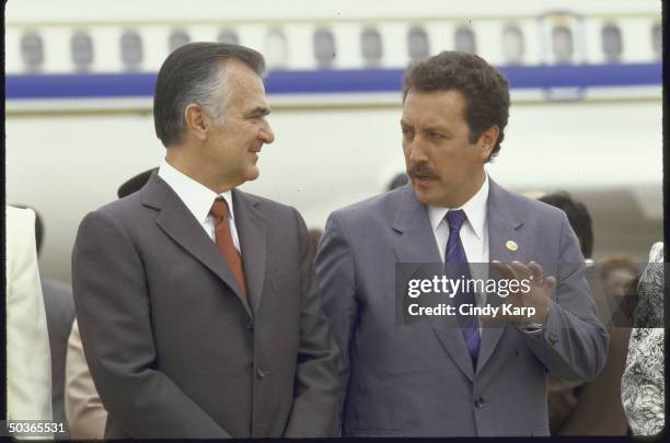 Guatemalan Pres.Vinicio Cerezo Arevalo with Mexican Pres. Miguel de la Madrid, at arrival ceremony.