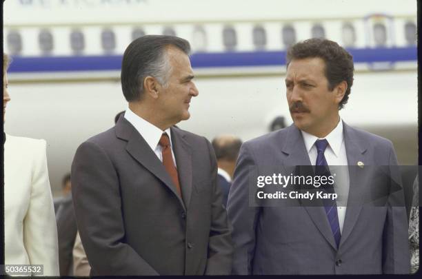 Guatemalan Pres.Vinicio Cerezo Arevalo with Mexican Pres. Miguel de la Madrid, at arrival ceremony.