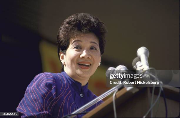 Philippine's Pres. Corazon Aquino speaking during rally favoring ratification of constitution.