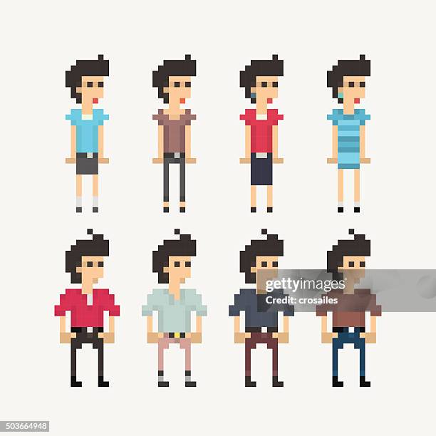 stockillustraties, clipart, cartoons en iconen met pixel people - girls and boys - 8 bit game