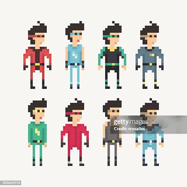 pixel people - superheroes - game controller isolated stock illustrations