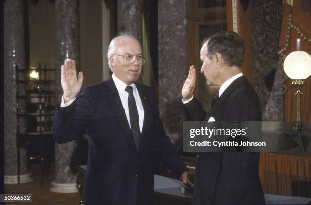 Vice President George H.W. Bush , re-enacting Senate Swear- In with Sen. Patrick J. Leahy.