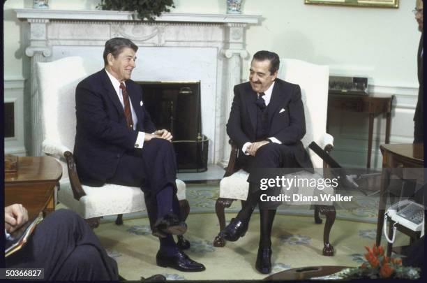 President Ronald W. Reagan sitting with the President of Argentina Raul Alfonsin in the Oval Office.