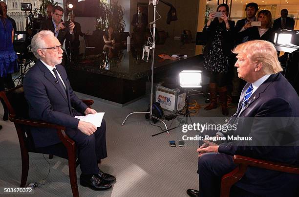 Republican Presidential Candidate Donald Trump interviewed by journalist Wolf Blitzer for The Situation Room on CNN on January 6, 2016 in New York...