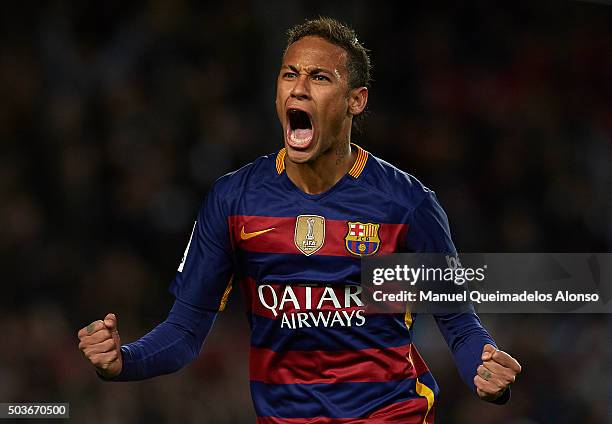 Neymar JR of Barcelona celebrates scoring his team's fourth goal during the Copa del Rey Round of 16 match between FC Barcelona and Real CD Espanyol...