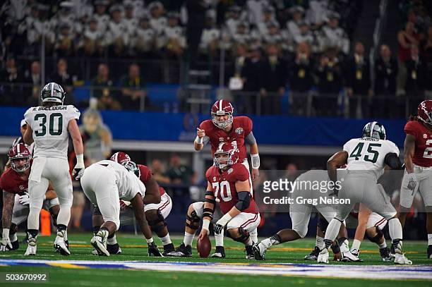 Cotton Bowl: Alabama QB Jake Coker calling signals during College Football Playoff Semifinal game vs Michigan State at AT&T Stadium. Arlington, TX...