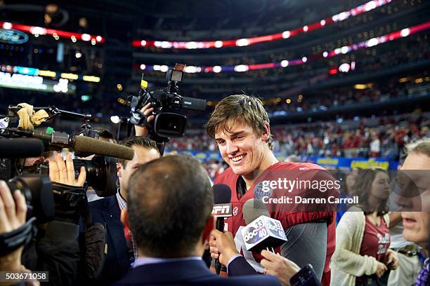 Cotton Bowl: Alabama QB Jake Coker during interview on field after winning game vs Michigan State during College Football Playoff Semifinal at AT&T...