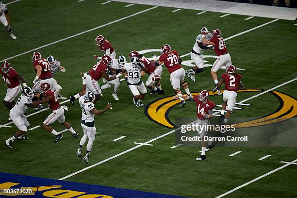 Cotton Bowl: Aerial view of Alabama QB Jake Coker in action, passing vs Michigan State during College Football Playoff Semifinal at AT&T Stadium....