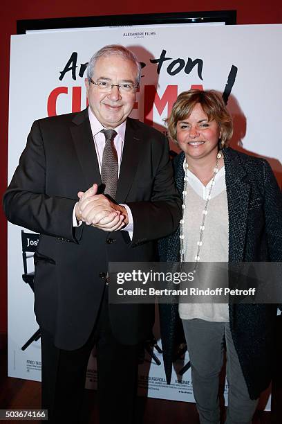 Politician Jean-Paul Huchon and his Companion attend the "Arrete Ton Cinema !" Paris Premiere at Publicis Champs Elysees on January 6, 2016 in Paris,...