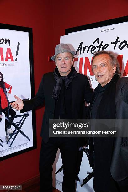 Humorist Franck Dubosc and Director Alexandre Arcady attend the "Arrete Ton Cinema !" Paris Premiere at Publicis Champs Elysees on January 6, 2016 in...