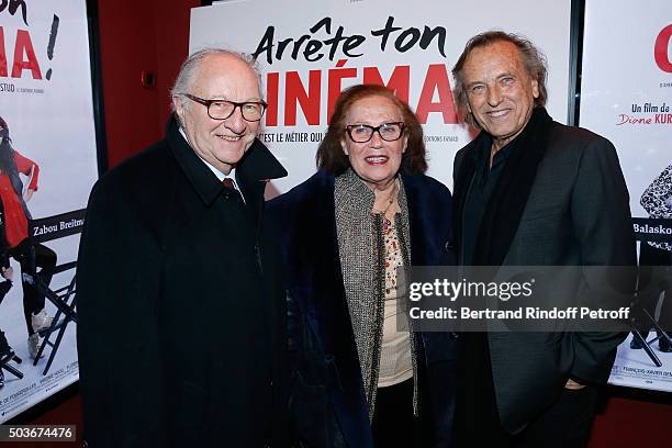 President of CRIF Roger Cukierman, Guest and Director Alexandre Arcady attend the "Arrete Ton Cinema !" Paris Premiere at Publicis Champs Elysees on...