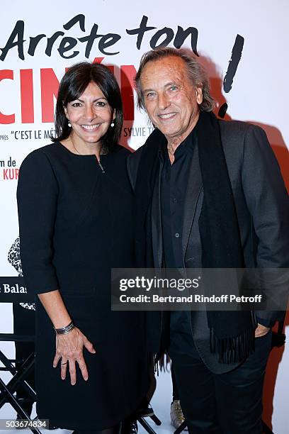 Mayor of Paris Anne Hidalgo and Director Alexandre Arcady attend the "Arrete Ton Cinema !" Paris Premiere at Publicis Champs Elysees on January 6,...