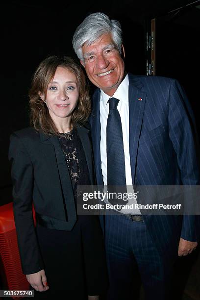 Actress of the movie Sylvie Testud and Maurice Levy attend the "Arrete Ton Cinema !" Paris Premiere at Publicis Champs Elysees on January 6, 2016 in...