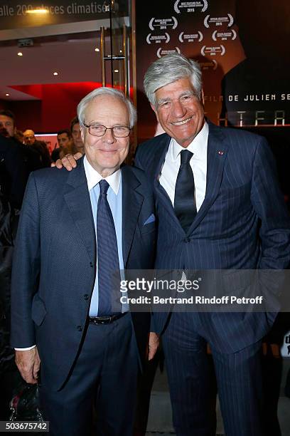 Baron David de Rothschild and Maurice Levy attend the "Arrete Ton Cinema !" Paris Premiere at Publicis Champs Elysees on January 6, 2016 in Paris,...