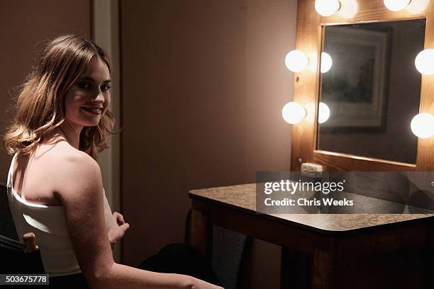 Actress Lily James poses in the green room during the A+E Networks 2016 Television Critics Association Press Tour for War and Peace at The Langham...