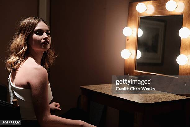 Actress Lily James poses in the green room during the A+E Networks 2016 Television Critics Association Press Tour for War and Peace at The Langham...