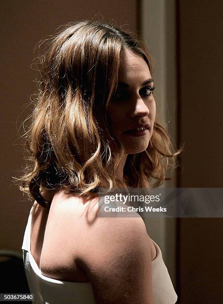 Actress Lily James poses in the green room during the A+E Networks 2016 Television Critics Association Press Tour for War and Peace at The Langham...