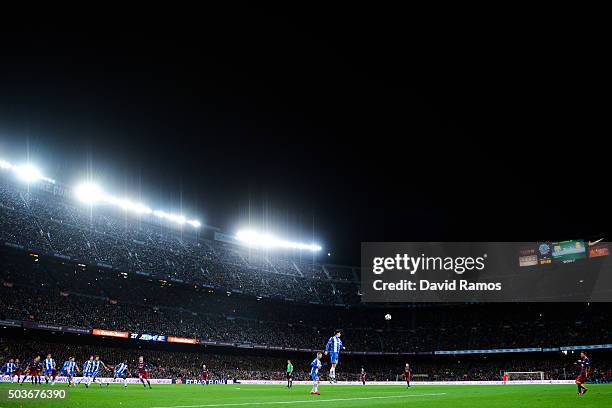 Lionel Messi of FC Barcelona takes a free kick during the Copa del Rey Round of 16 first leg match between FC Barcelona and RCD Espanyol at Camp Nou...