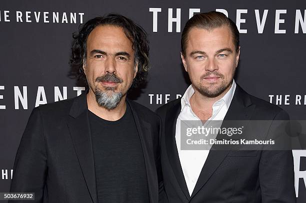 Director Alejandro Gonzalez Inarritu and actor Leonardo DiCaprio attend "The Revenant" New York special screening on January 6, 2016 in New York City.