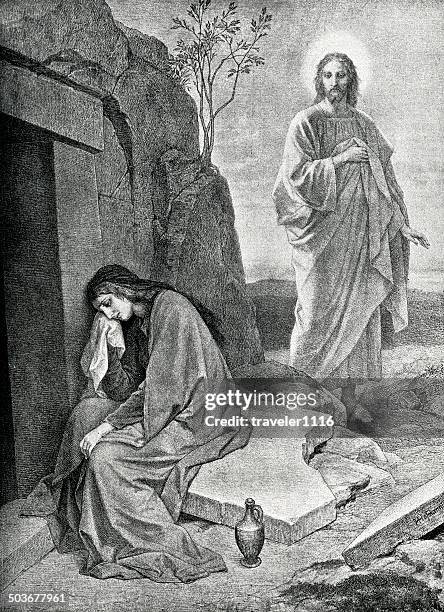 mary at the tomb of jesus - family tomb stock illustrations
