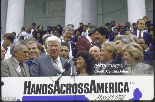 Representative from New Jersey Marge Roukema , gymnast Bart Conner , Representative from Texas Mickey Leland , House SpeakerThomas P. O`Neill, Jr. At...