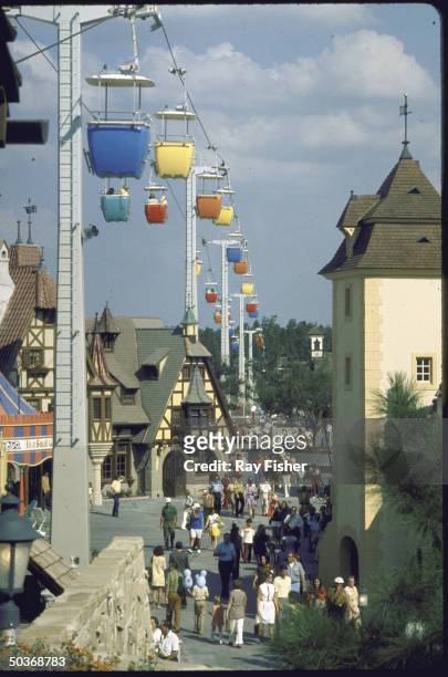 Skyway multicolored cable cars passing over Fantasyland on their way to Tomorrowland at Walt Disney World, Florida, 1971.
