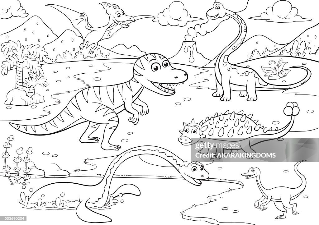 Ilustración De Dibujos Animados De Dinosaurios Para Colorear Monada  Ilustración de stock - Getty Images